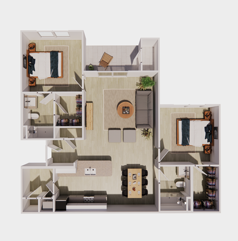 Floor plan for 2 beds, 2 baths, 1050 sqft